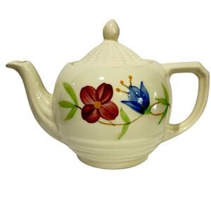 Vintage USA Shawnee Teapot creamy white ceramic & hand painted floral design
